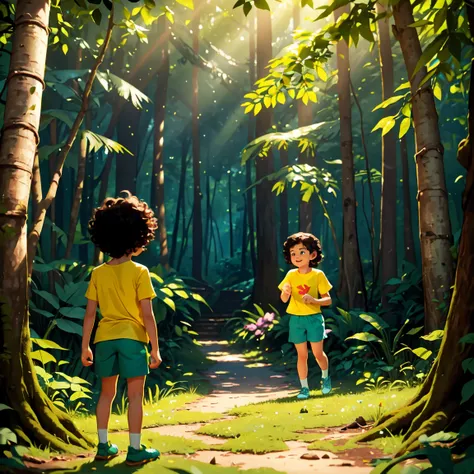 A lush, green forest with tall trees and sunlight streaming through the leaves, casting dappled shadows on the ground. Two children, Bia (a girl with short brown hair, wearing a yellow t-shirt and blue shorts) and Leo (a boy with curly black hair, wearing ...