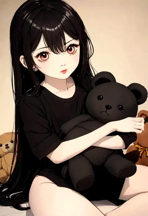 create a drawing of a Doll, Ruoguan Body, Long black hair, Juvenile Sense Facial Features, wearing short pajamas, holding a teddy bear 