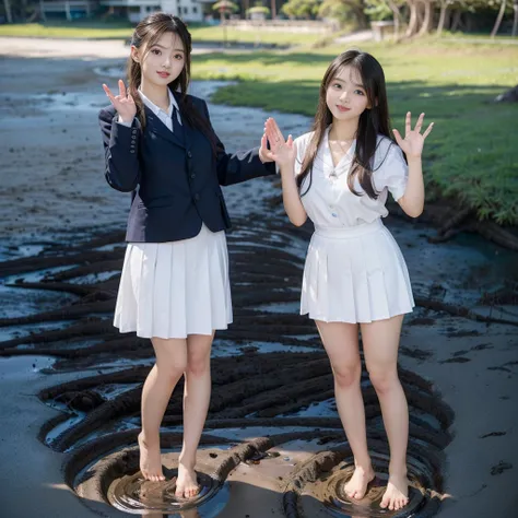 (((barefoot young slender beautiful  Japanese girls on mud beach))), natural front lighting, ultra sharp focus,braided black twin-tail hair, (((light pale white skin color))),blue large eyes with long eyelashes and double eyelids, dynamic angle,red lip,smi...