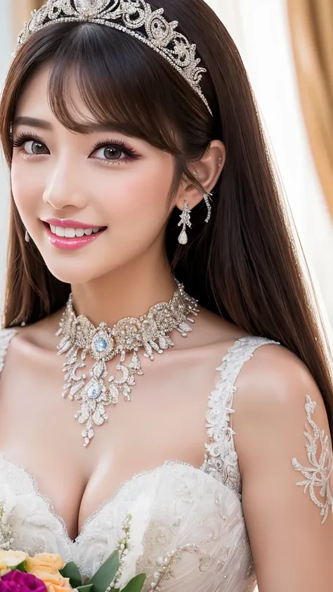 (Highest quality、Tabletop、8K、Best image quality、Award-winning works)、One beautiful bride、(alone:1.1)、(The most extravagant and gorgeous huge wedding dresses:1.1)、(Perfect Wedding Lace:1.2)、(The most extravagant and luxurious giant tiara:1.1)、(The most extr...