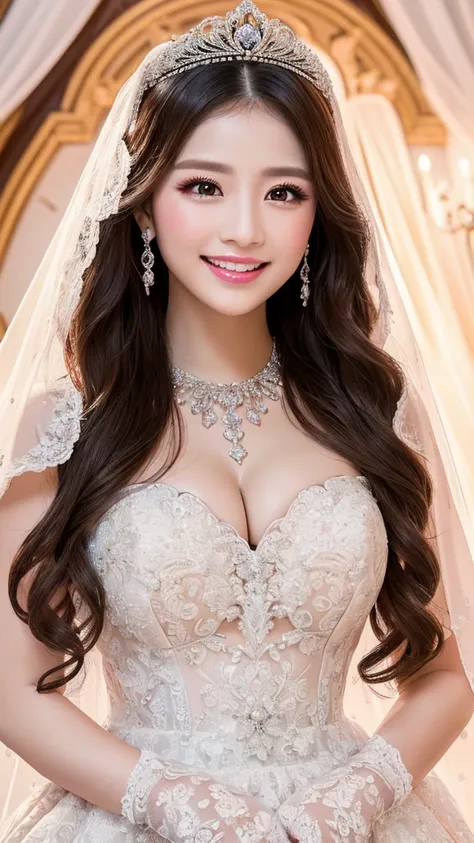 (Highest quality、Tabletop、8K、Best image quality、Award-winning works)、One beautiful bride、(alone:1.1)、(The most extravagant and gorgeous huge wedding dresses:1.1)、(Perfect Wedding Lace:1.2)、(The most extravagant and luxurious giant tiara:1.1)、(The most extr...