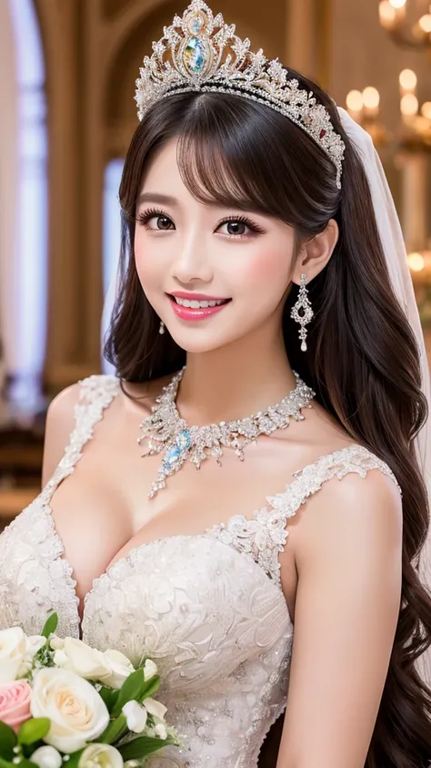 (Highest quality、Tabletop、8K、Best image quality、Award-winning works)、One beautiful bride、(alone:1.1)、(The most extravagant and gorgeous huge wedding dresses:1.1)、(Perfect Wedding Lace:1.2)、(The most extravagant and luxurious giant tiara:1.1)、(The most extr...