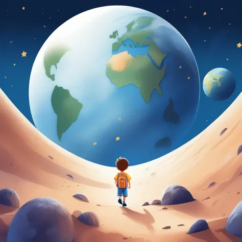 childrens picture books,crayon paintings,white background,simple background,
A little boy walking on the moon, facing the camera, earth planet in background, slowly approaching, with high definition and quality,