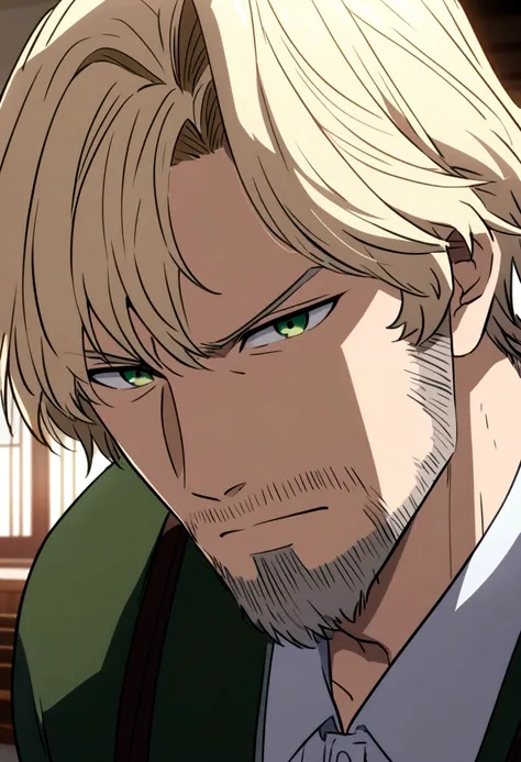 A man, jung, scruffy beard, blonde green eyes anime version