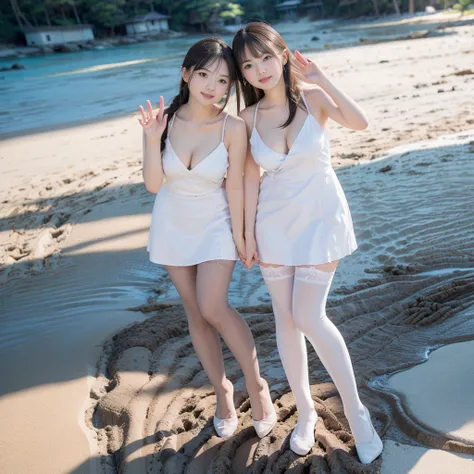 (((young slender beautiful  Japanese girls on mud beach))), natural front lighting, ultra sharp focus,braided black twin-tail hair, (((light pale white skin color))),blue large eyes with long eyelashes and double eyelids, dynamic angle,red lip,smile, 5girl...