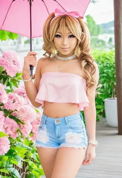 ((Best high quality:1.2)), (8k), extremely detailed, ((High detail:1.2)), (HotLexi woman), Solo, ((14 years old pretty perfect gyaru Japanese female:1.4)), (cropped strapless, mini-shorts),