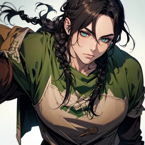 half-orc, greenskin, hair braid, Bblack hair, eyes browns, social shirt