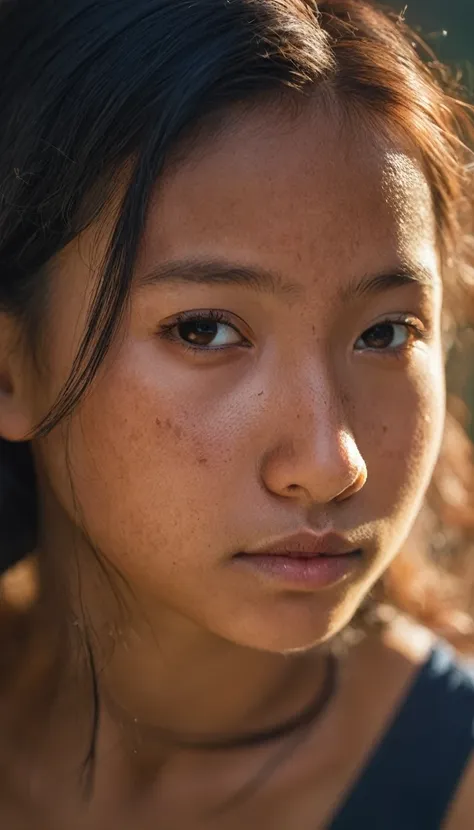 portrait of a  girl highly textured mole on skin, cute hair accessories, light and shadow,mix English and Philippine, tanned anti-aliasing, color-graded, floating motes, dynamic volumetric lighting, nikon D850