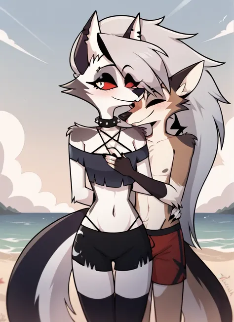 score_9, score_8_up, BREAK, source_anime, uncensored, perfect body, slim, thigh highs, fingerless gloves,
anthro, furry, pose, sexy,
Loona (Helluva Boss), NSFW, red swimsuit, bikini, head back, anthro male maned wolf with long spiked white hair and black f...