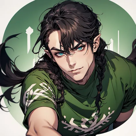 half-orc, greenskin, hair braid, Bblack hair, eyes browns, social shirt, pointy ears, naughty man