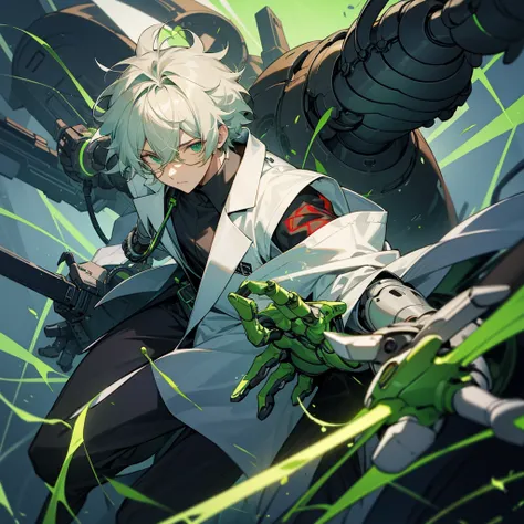 Male, technological chaos, green lens, Messy hair, lab coat, mechanical arms