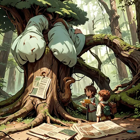 In a dense part of the forest, Bia and Leo come across a large, ancient tree with thick, gnarled roots. A mysterious, old map is stuck to the trees trunk with a rusted nail. Bia reaches up to take the map while Leo watches, intrigued.