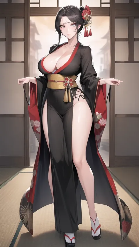 best quality,masterpiece, high res,original, beautiful detailed eyes,ultra-detailed, perfect anatomy,
1girl, solo, full body,
japanese clothes, kimono, white and black kimono,
large breasts, wide hip, mature female,
glamorous body, slender body,
perfect li...