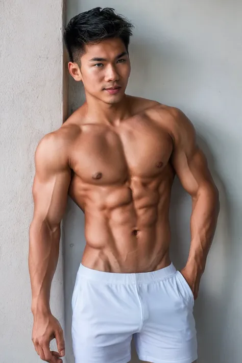 realistic anatomy human male, bangs hair, thai guy,27 age,at condo, (very lean Ripped:1.5),on wall