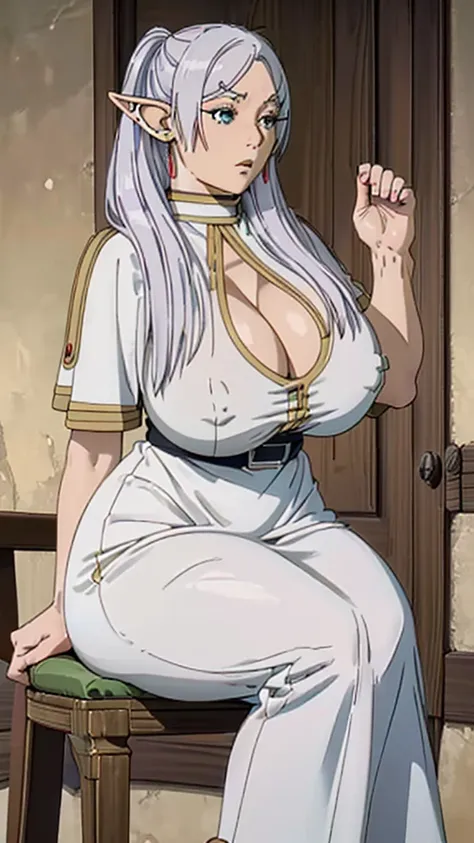 (1 elf alone, fantasy isekai, elf queen,) ((((("milf, 70 year old mature woman mom"))))) robust breasts, voluminous body, thick thighs, green dress, sitting on the throne, white hair ,Blue eyes, angry expression, white pumps, sexy body, wonderful body, Det...