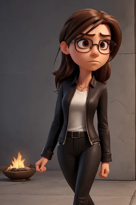 

Create a 3D character model of a woman embodying intense anger. She has long-length brown hair and piercing brown eyes. Her attire consists of sleek black clothing, accentuated by a pair of square-shaped glasses that add a touch of intellectual intensity...