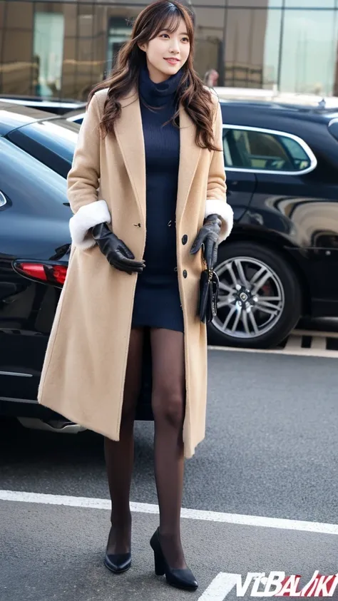 wearing knit and long coat and black leather gloves,skincolor pantyhose,pumps,fullbody photo,photo by NIKON