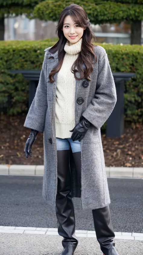 wearing knit and long coat and black leather gloves,skincolor pantyhose,pumps,fullbody photo,photo by NIKON