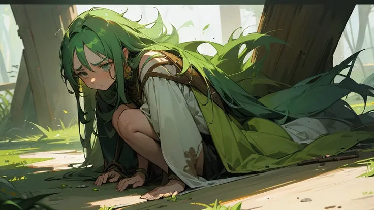 female druid, tez morena, messy green hair and sad look 
