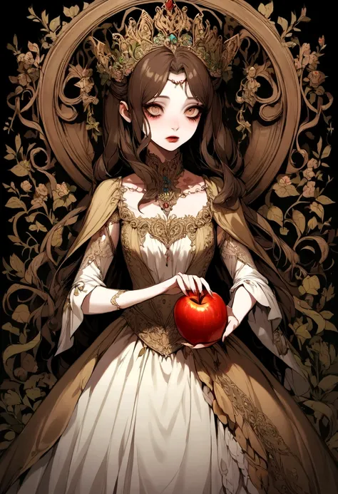 young brunette woman with very fair skin with an apple in her hand, beautiful, fairytale, rotten apple, horror