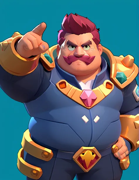 an obese businessman, in a blue suit, blue cyberpunk hairstyle and mustache, in gold armor encrusted with diamonds, in victory pose