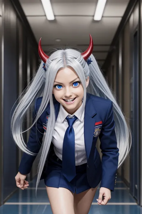 Screenshot of boku no hero academia, beautiful woman, bee, long white hair, blue eyes, slanted eyes, blue demon tail and horns, happy expression on the face, uniform gray coat red tie, walking, school hallway background, looking at the camera from below, l...