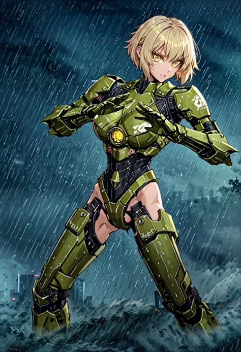 solo, female, cherno alpha, short blonde hair, messy haircut, large breasts, rain, combat stance, fair skin, athletic, yellow ey...