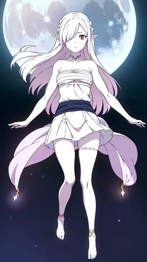 (1girl,20s,mature female),solo,white hair,long hair,(((white skin,colored skin))),elf ears,(((hair over one eye)))(night,moon,flying,bare feets),((wrapped_chest,white mini skirt)),full body,pink eyes