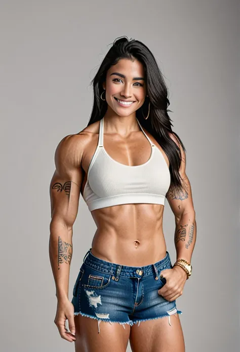 a detailed photograph of a woman standing in a wellness contest pose, showing her muscles, with her body oriented slightly to the left, her left arm hanging down and her right arm partially visible, long straight black hair flowing down past her shoulders,...