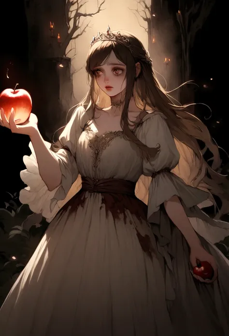 young brunette woman with very fair skin with an apple in her hand, beautiful, fairytale, rotten apple, horror, 20 years old, no background, princess