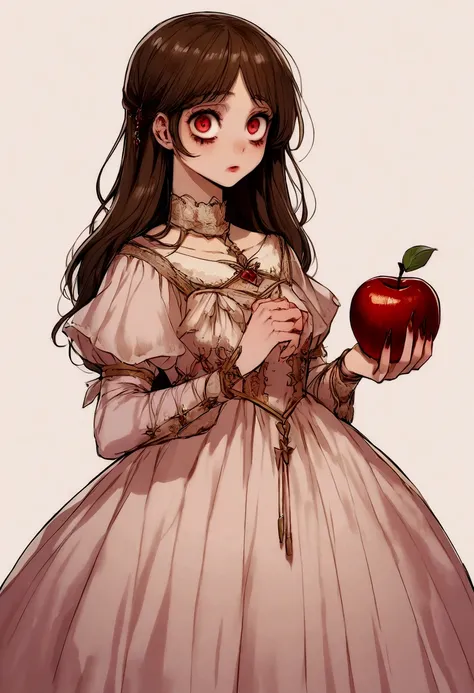 young brunette woman with very fair skin with an apple in her hand, beautiful, fairytale, rotten apple, horror, 20 years old, no background, princess