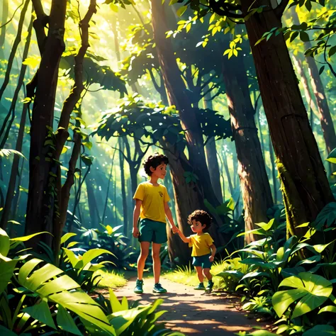 A lush, green forest with tall trees and sunlight streaming through the leaves, casting dappled shadows on the ground. Two children, Bia (a girl with short brown hair, wearing a yellow t-shirt and blue shorts) and Leo (a boy with curly black hair, wearing ...