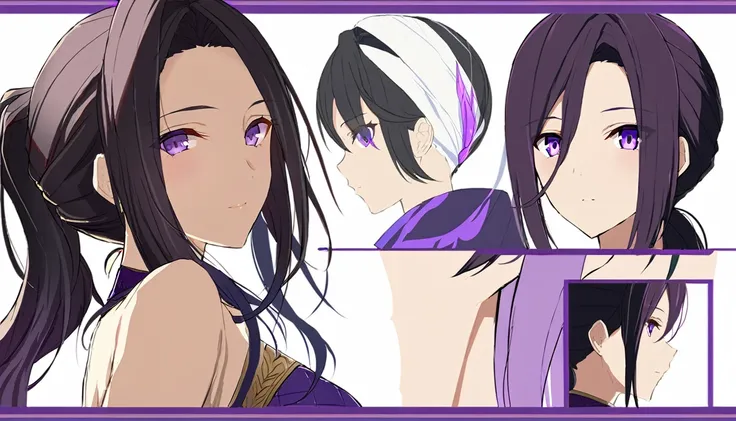 One Mature woman,human, Dark hair with purple strands, Ponytail, purple eyes, HeadShot, beautiful, masterpiece, best quality, perfect lighting, extremely detailed CG unity 8k wallpaper, reference sheet, model sheet, simple white background, multiple views.