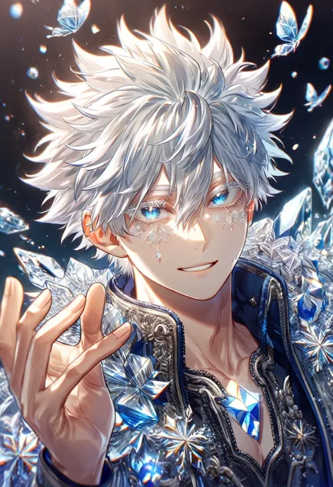 absurdres, highres, ultra detailed, HDR, master piece, best quality, extremely detailed face, delicated features, Gojou Satoru, white hair, messy hair, hair between the eyes, expressive blue eyes, white eyelashes, Boku No Hero Academia, sexy man, solo, han...