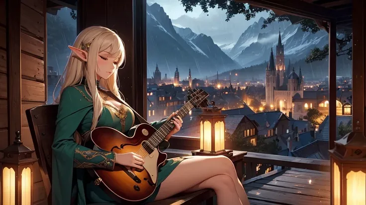 An elf playing music while sitting at night on a dark medieval themed street with a tavern opposite and its also raining. Even though it is night, there is a bright theme. Wearing an impressive dress, the elf attracts attention with her sexiness. His seat ...