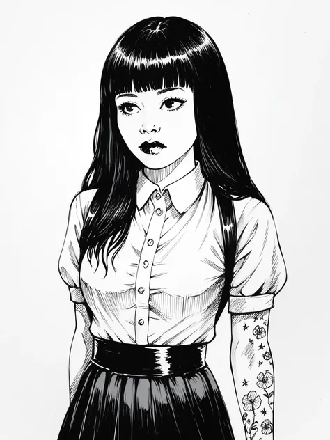 score_9, score_8_up, score_7_up, 1girl, sketch, sp1t, monochrome, detailed background, Asian, white shirt, black skirt, rolled up sleeves, sunny, lovely, hime cut hair, curious face, black lips, black eyes, tattoos

