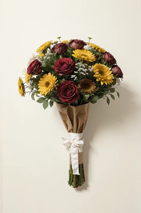 bouquet of flowers of contrasting colors in kraft paper on a white background without unnecessary details