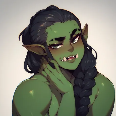 Half-Orc with braided hair, greenskin, Bblack hair, naughty man