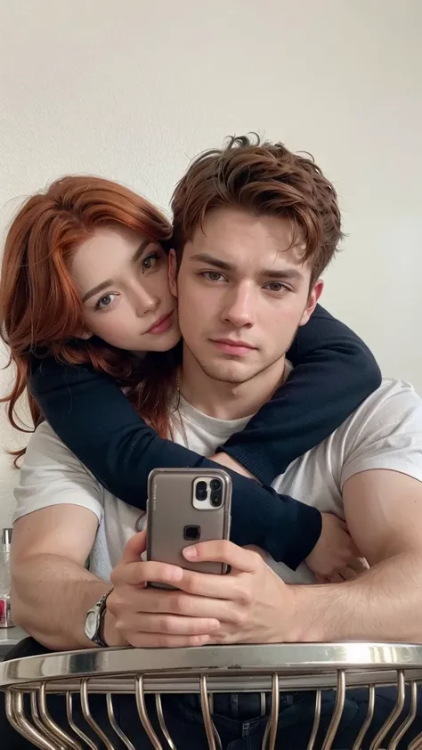 A man with brown hair and a woman with red hair standing around taking a photo, full hd, 4K