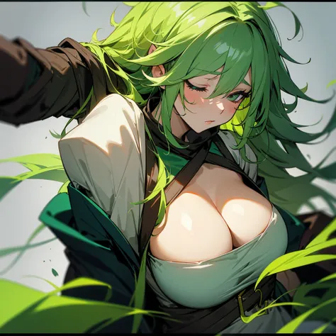 Druid woman with mask aside, With big breasts, messy green hair and sleepy look
