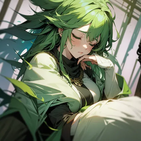 Druid woman with mask aside, With big breasts, messy green hair and sleepy look
