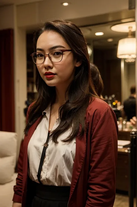 Jessica Henwick, journalist clothes, glasses, red lipstick