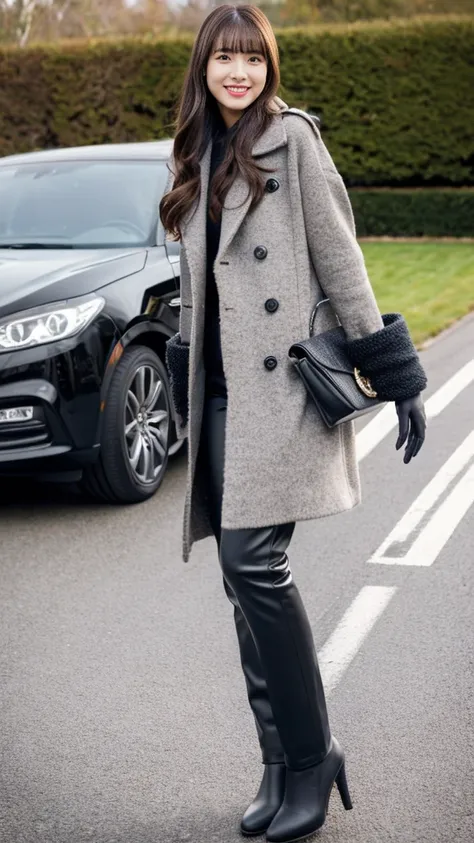 wearing knit and long coat and black leather gloves,skincolor pantyhose,pumps,fullbody photo,photo by NIKON,see through bangs,smile,Girl long pants style