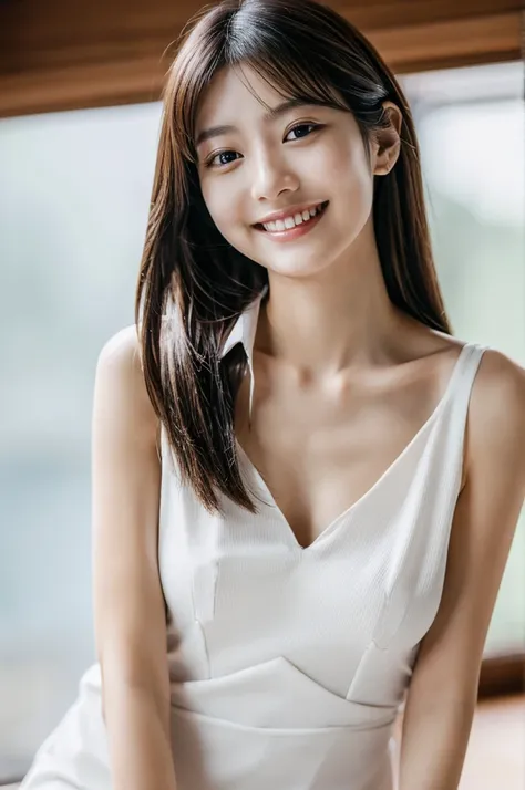 masterpiece, Highest quality, Photorealistic, Very detailed, finely, High resolution, 8k wallpaper, Professional, High level of detail, 1 Girl, Skinny Japanese woman, ((Look forward)), Collarbone Detail, Perfect Face, Straight hair, White Mini Dress、Pose f...