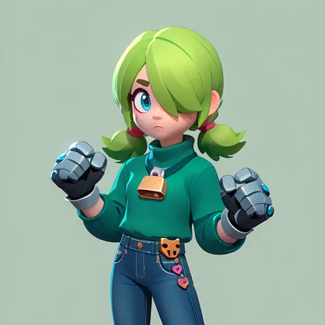 Traduire du texte avec votre appareil photo
a teenage girl, neon green hairstyle with a lock of hair covering one eye, pointed pigtails, dressed in a green sweater and jeans, wearing robotic gloves