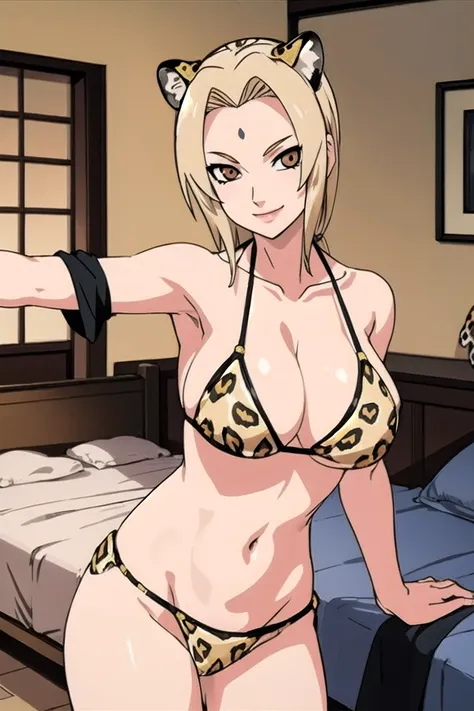 tsunade, brown eyes , blonde hair , forehead mark 
BREAK  ,    , navel , (((leopard print bikini)) , big breasts, wide hips , milf body ,((( bedroom))) , smile 
BREAK , cowboy pose , standing straight , 
BREAK looking at viewer, (cowboy shot:1.5),
BREAK (m...