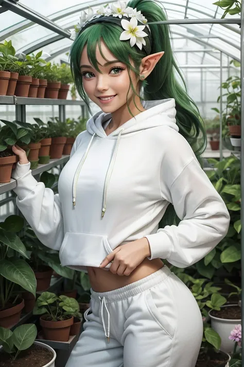 30 year old woman from Saturn, elf ears, thick athletic body, beautiful, cute, green ponytail hair with flower headband, in greenhouse, wearing white hoodie and white sweatpants, smile