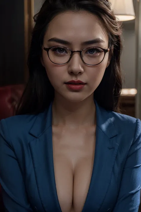 Jessica Henwick, blue suit, glasses, red lipstick, beautiful detailed eyes, beautiful detailed lips, extremely detailed eyes and face, long eyelashes, photorealistic, 8k, best quality, masterpiece, cinematic lighting, dramatic lighting, vibrant colors, ele...