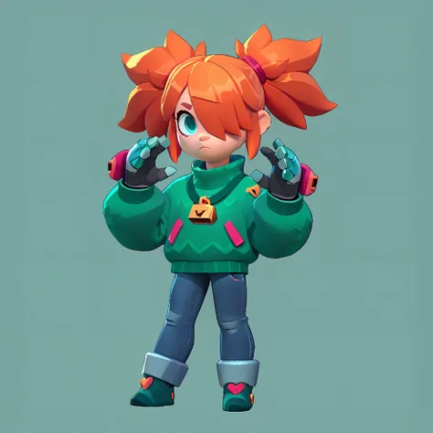 full body view of a teenage girl, neon green hairstyle with a lock of hair covering one eye, pointed pigtails, dressed in a green sweater and jeans, wearing robotic gloves
