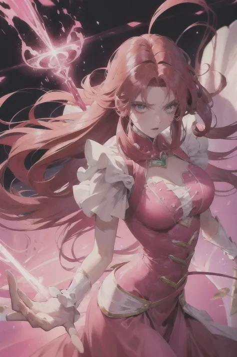 Two magical girls,manwha,big eyes,red hair,pink hair,magical gurl dress,fighting villains,fighting,top view,effects,very hugh qulity,dramatic lighting,(perfect proportions),(perfect)